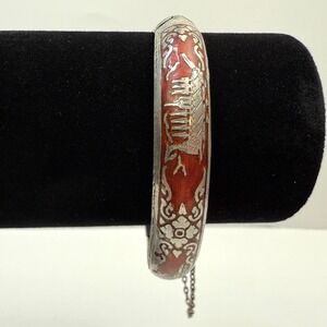Vintage 40's Siam Etched Red Enamel Bangle Bracelet Sterling Silver Hinged 7.5